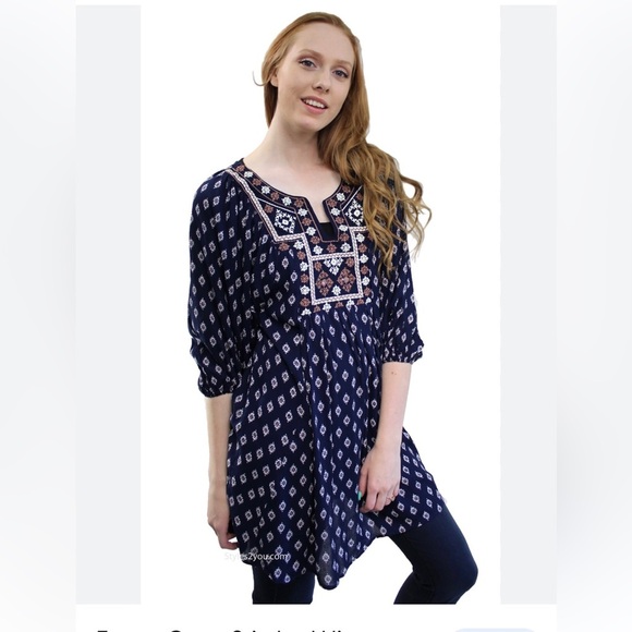 Angie Bohemian Tunic Dress Small Embroidery Dark Navy - Picture 1 of 6